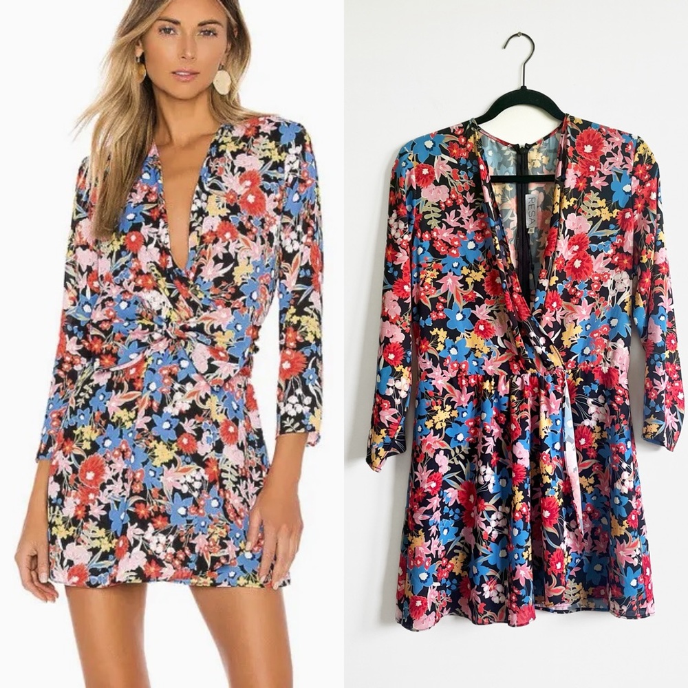NWT RESA Iris Bow Floral Surplice Mini Dress Colorful Floral Boho